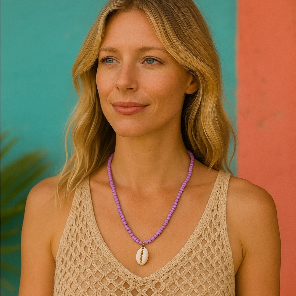 Lavender purple bead and gold plated clasp and beach shell necklace
